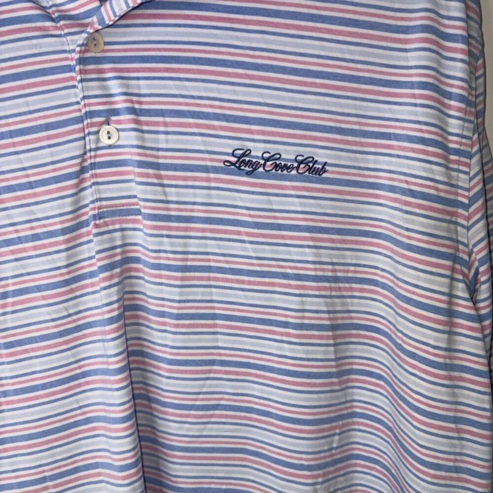 Peter Millar Summer Comfort Blue and Pink Stripe Short Sleeve Polo size Large